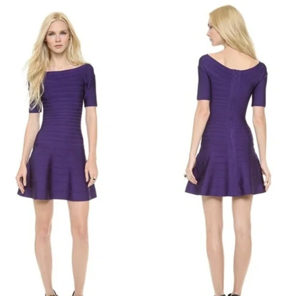 Herve Leger Liza Bandage Plum Berry Boat Neck Flared Dress Authentic